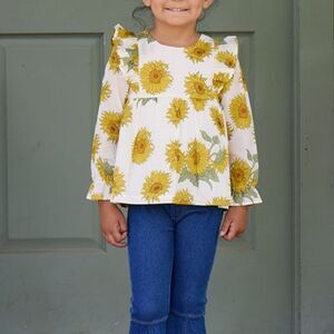 Happy Threads Sunflower Long Sleeve Blouse Toddler Girls 3T Yellow Cream White